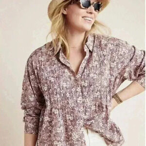 Pilcro for Anthropologie Button Down Floral Ruched Top Size S